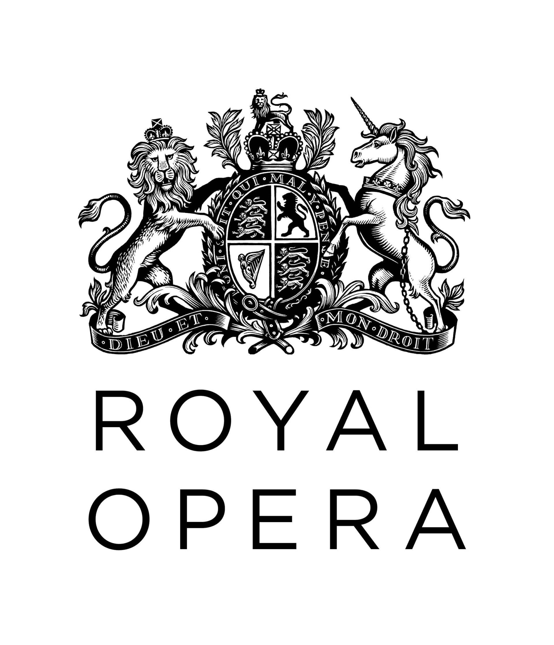 The royal opera logo is a black and white image of a coat of arms.