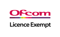 The logo for ofcom licence exempt is on a white background.