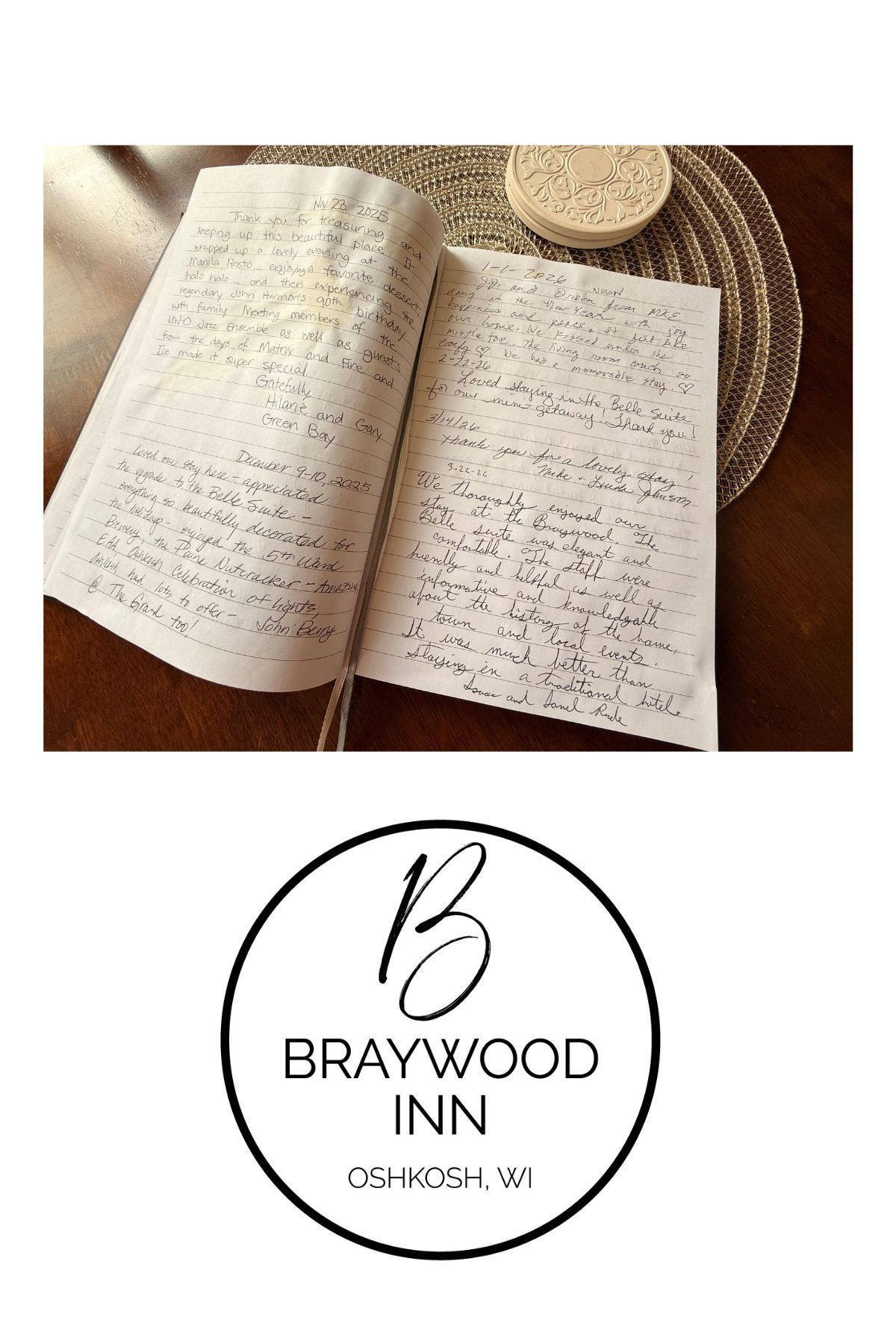 journal of appreciation from guests clients and people. they enjoy writing about their experiences with us. Each suite or room has their own which allows fun to unfold in a surprising and unique way.