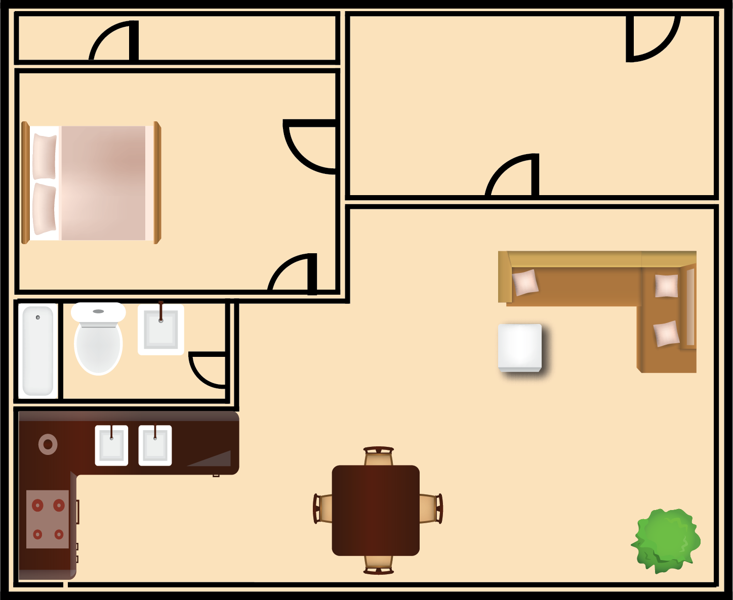 Floor plan of a home featuring a bedroom, kitchen, bathroom, and living room with furniture.