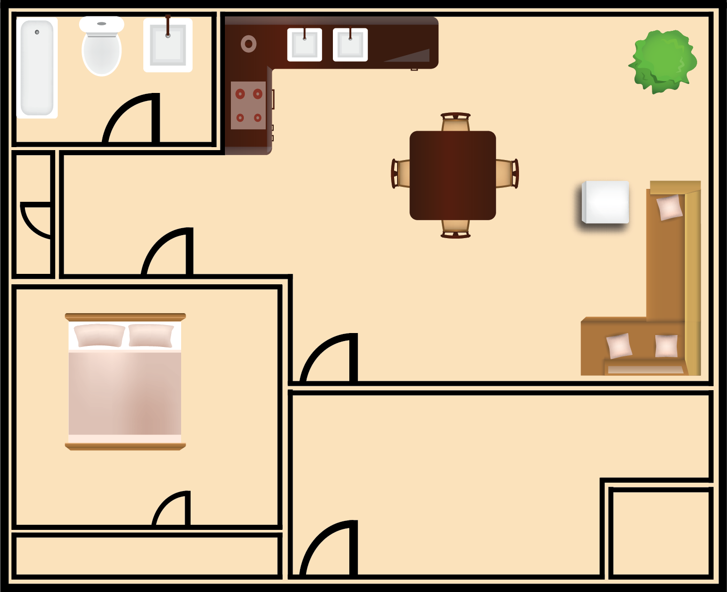 Floor plan of a small apartment: bedroom, bathroom, kitchen with dining table and living room with a sofa.