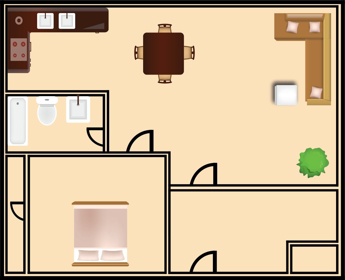 Floor plan of an apartment with kitchen, dining, living, bedroom and bathroom.