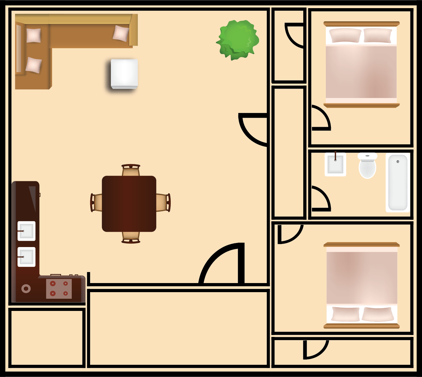 Floor plan of a house: living room with sofa, dining table, kitchen, and two bedrooms.