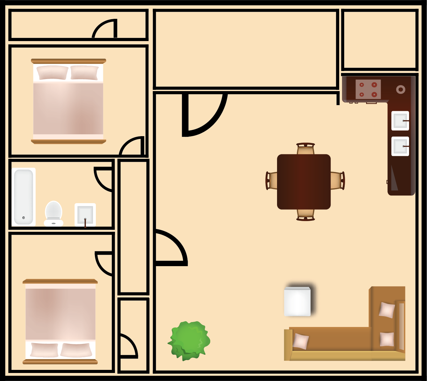 Floor plan of a two-bedroom apartment with a kitchen, dining area, and living room.