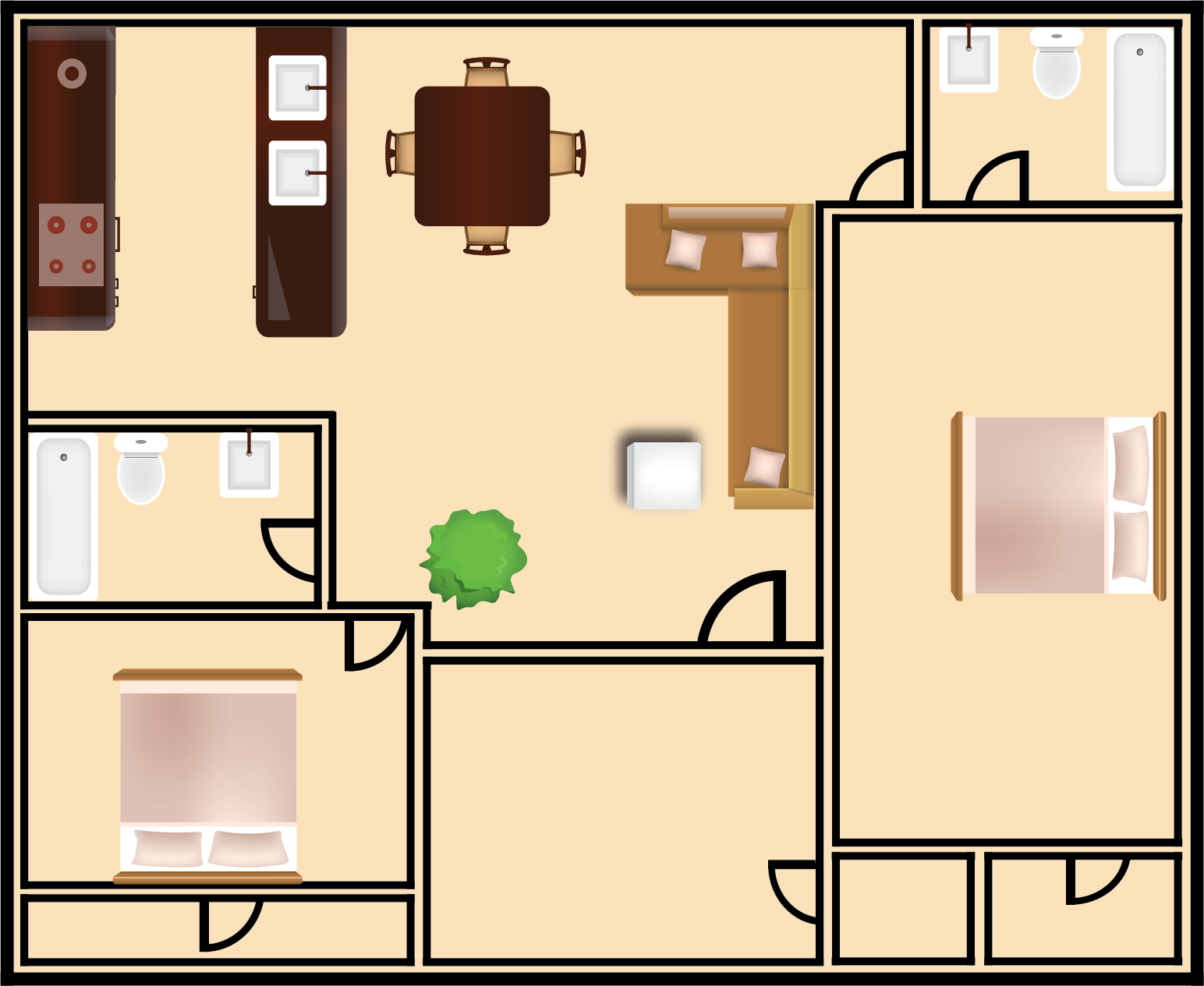 Floor plan of an apartment with a kitchen, living room, dining area, two bedrooms, and two bathrooms.
