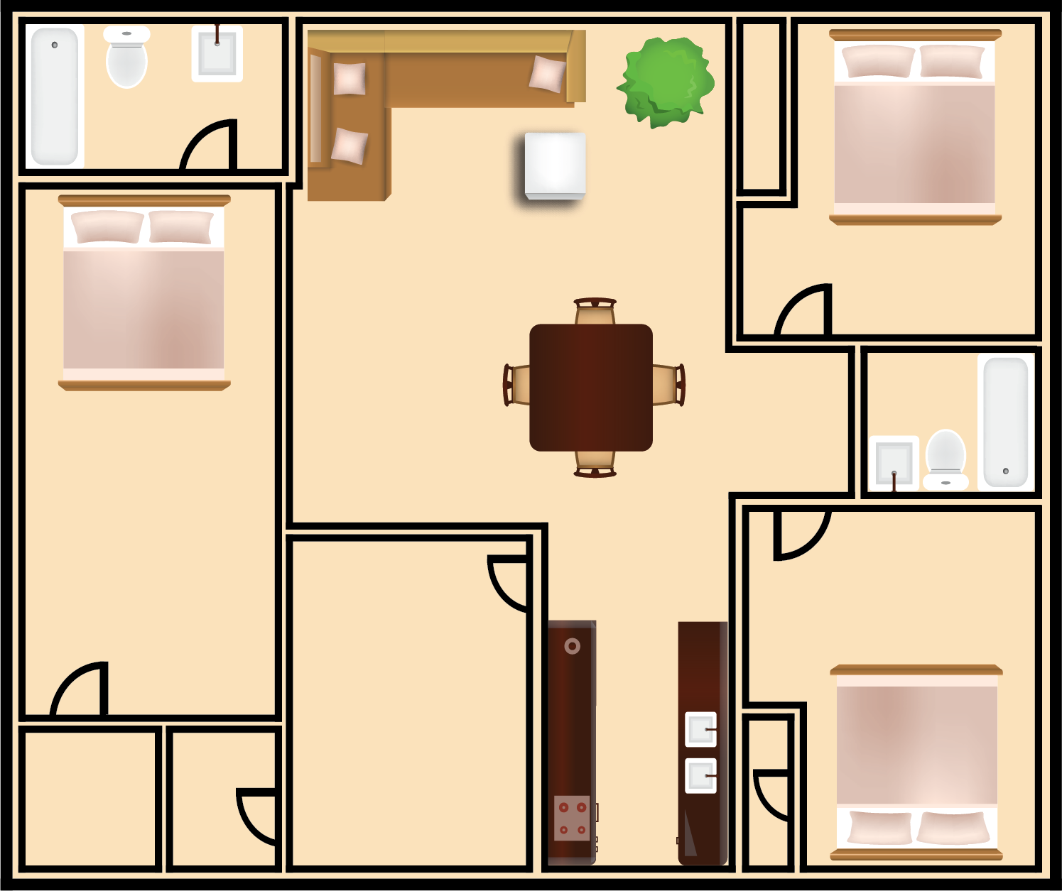 Floor plan of an apartment: living room with sofa/table, kitchen, three bedrooms, and two bathrooms.