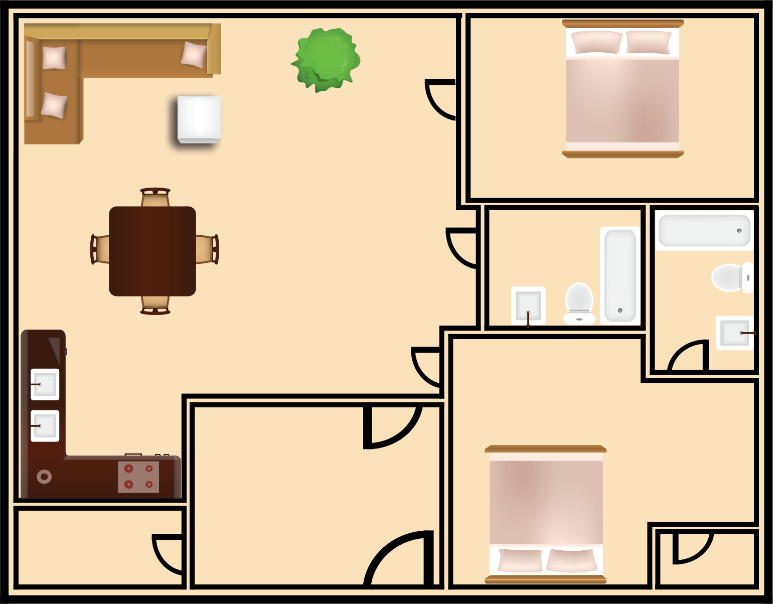 Floor plan of a home with a living room, kitchen, two bedrooms, and a bathroom; beige walls and dark furniture.