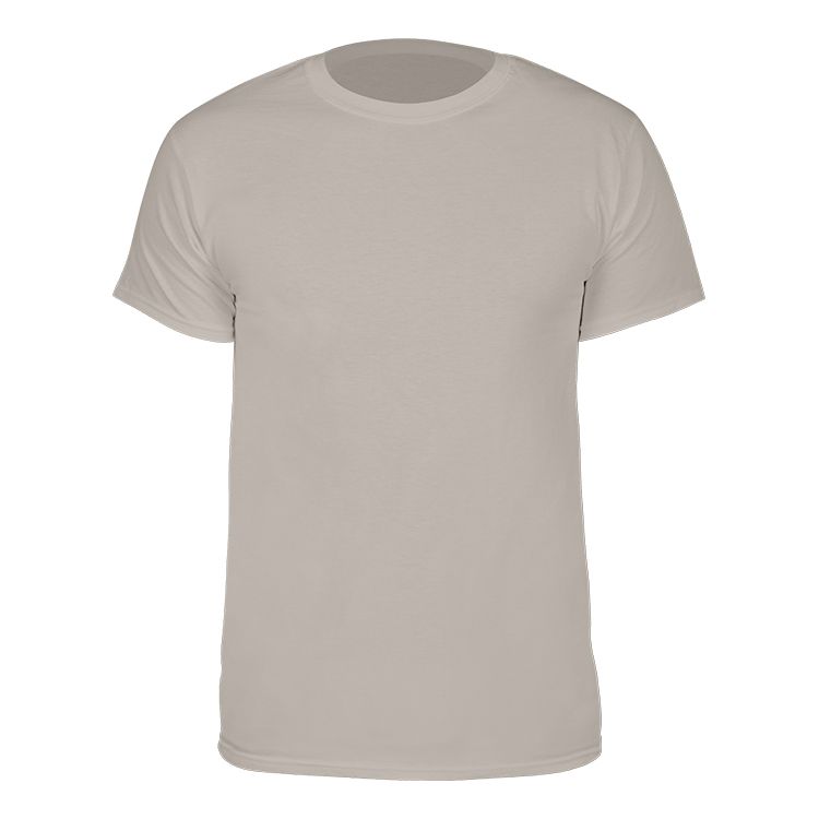 A plain, light gray crew-neck t-shirt shown against a white background.