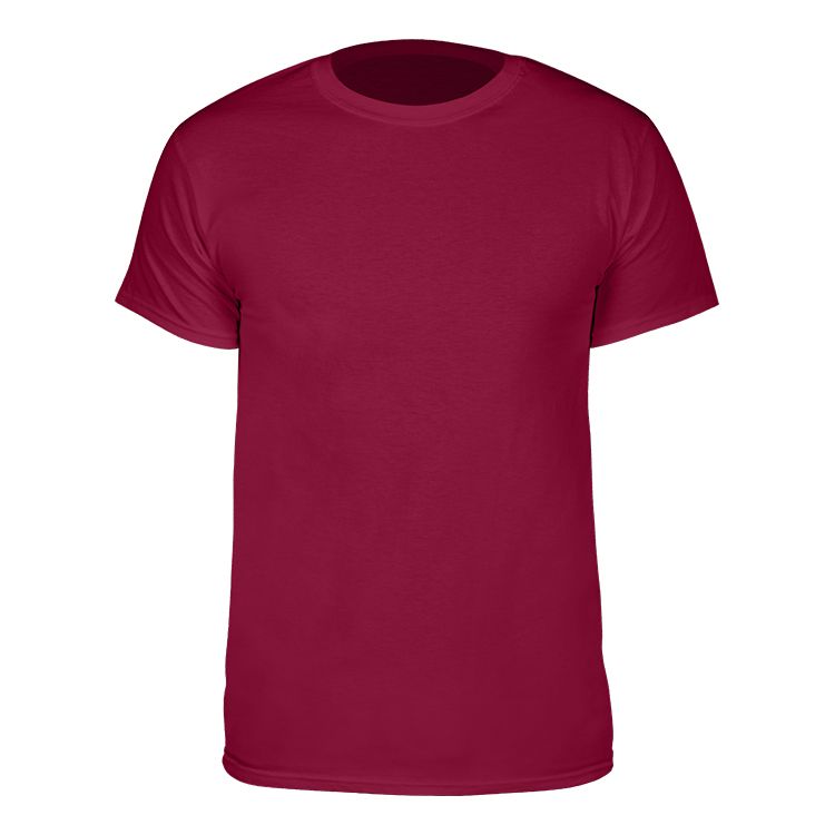 A plain, solid burgundy crew neck T-shirt shown against a white background.