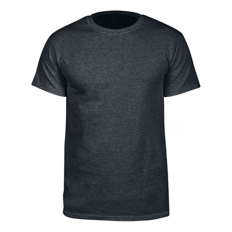 A plain, short-sleeved charcoal gray heather crew neck t-shirt.
