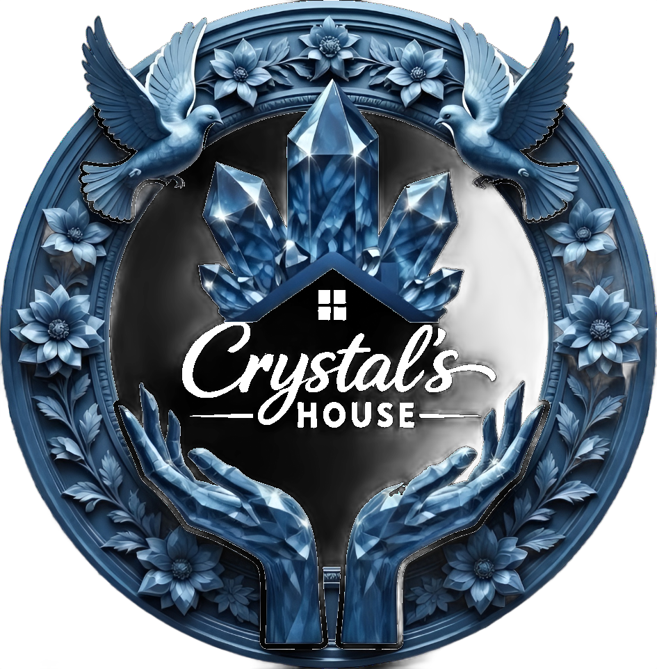 A logo with blue hands cupping a house outline and crystals, featuring the text 