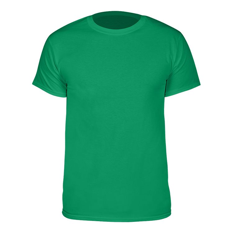A plain, short-sleeved green t-shirt centered against a white background.
