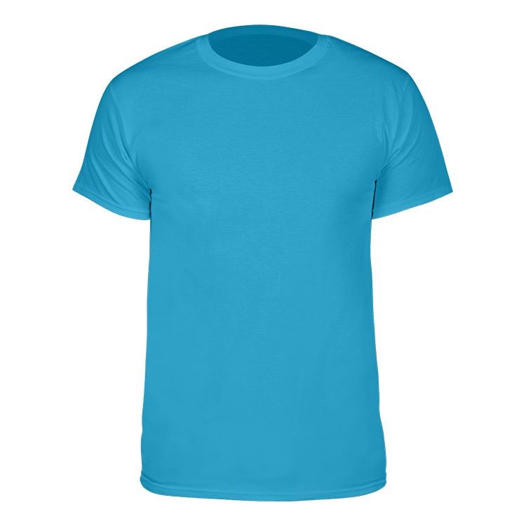 A plain, short-sleeved t-shirt in bright cyan blue.