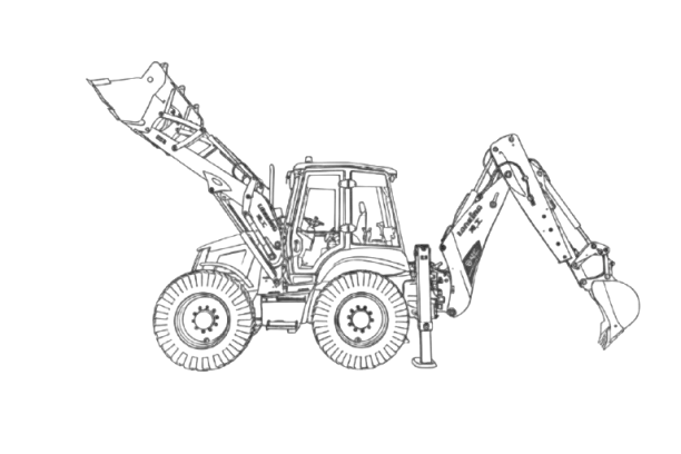 Backhoe loader with raised front bucket and extended backhoe arm.