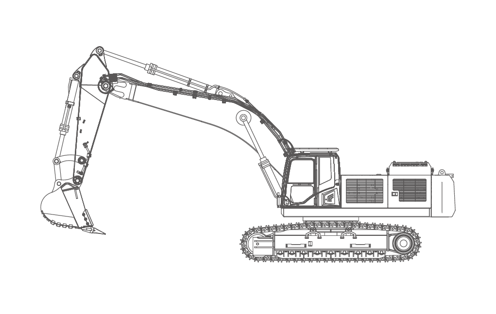 Excavator machine, side view, with arm extended and bucket down, on tracks.