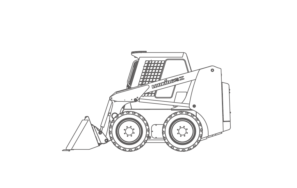 Outline of a skid-steer loader with a front bucket, on a white background.