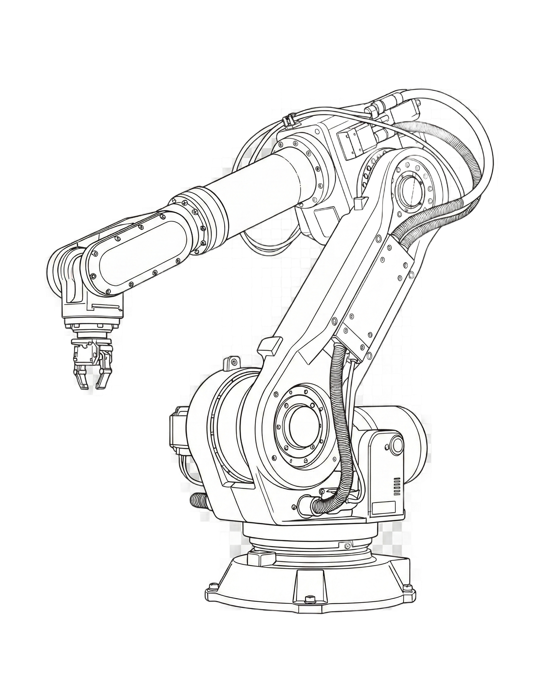 Line drawing of an industrial robotic arm with multiple joints, used in manufacturing.