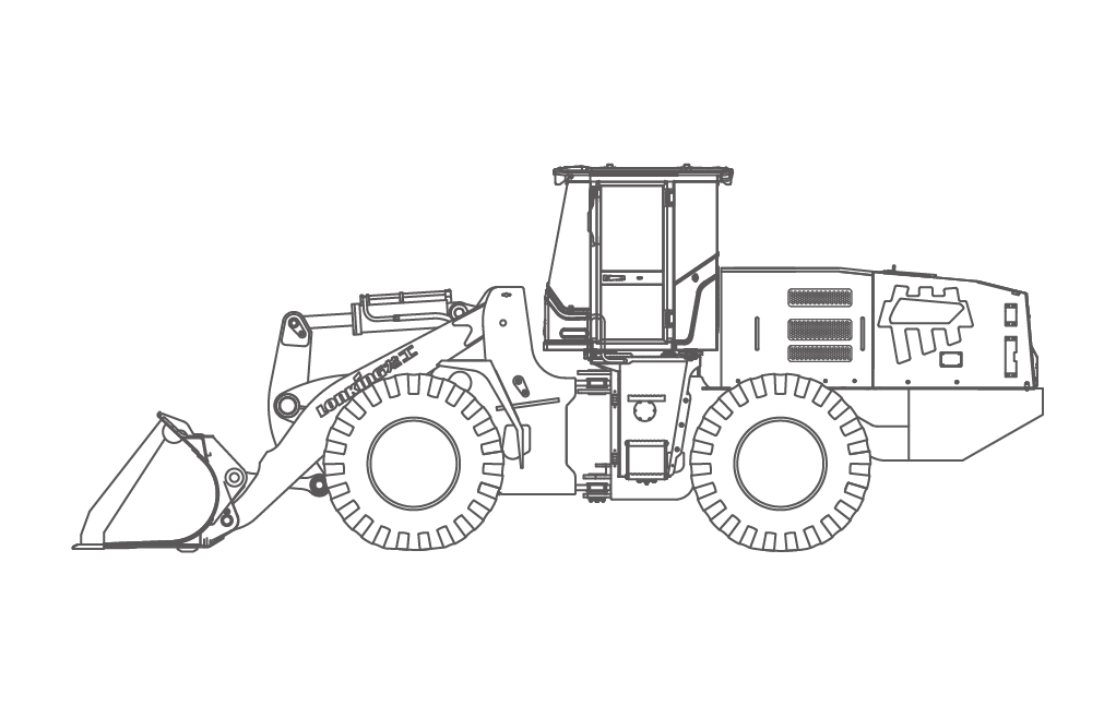 Line drawing of a wheel loader, with a bucket in the front, and cab on the right.