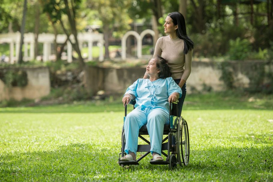 Woman pushing a man in a wheelchair across a sunny green park