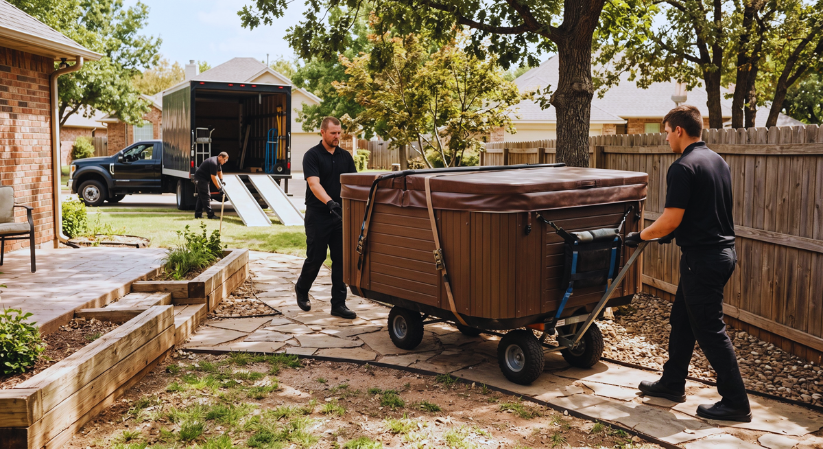 Crew carefully positioning a hot tub near a patio area
