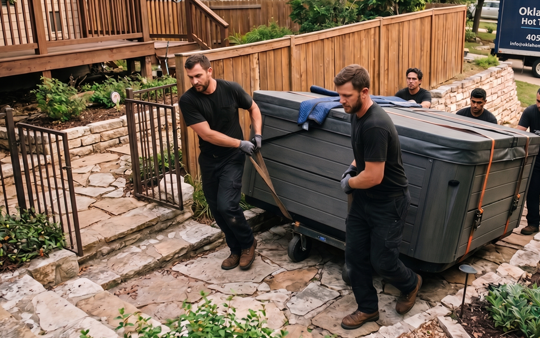 Technicians moving a large spa through a gated yard
