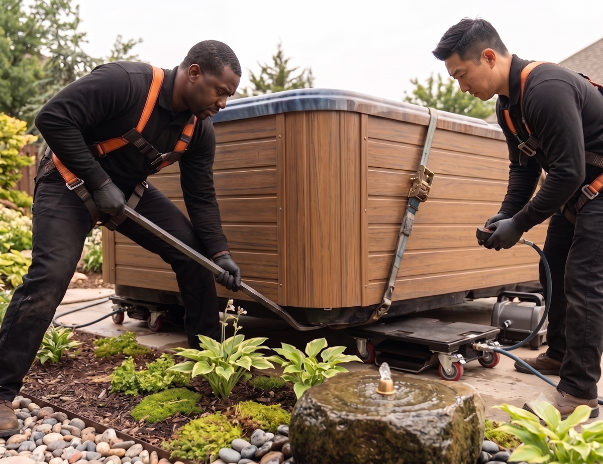 Hot tub positioned on a new concrete pad installation site
