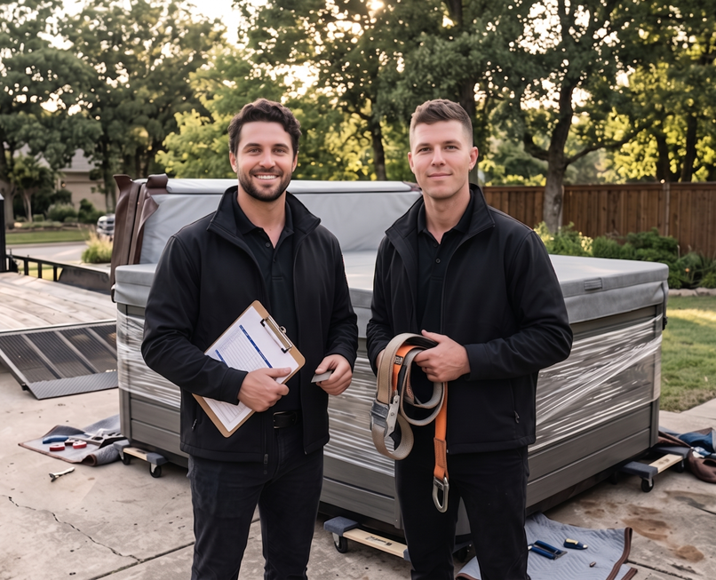 Technicians relocating a hot tub across a backyard in Oklahoma City
