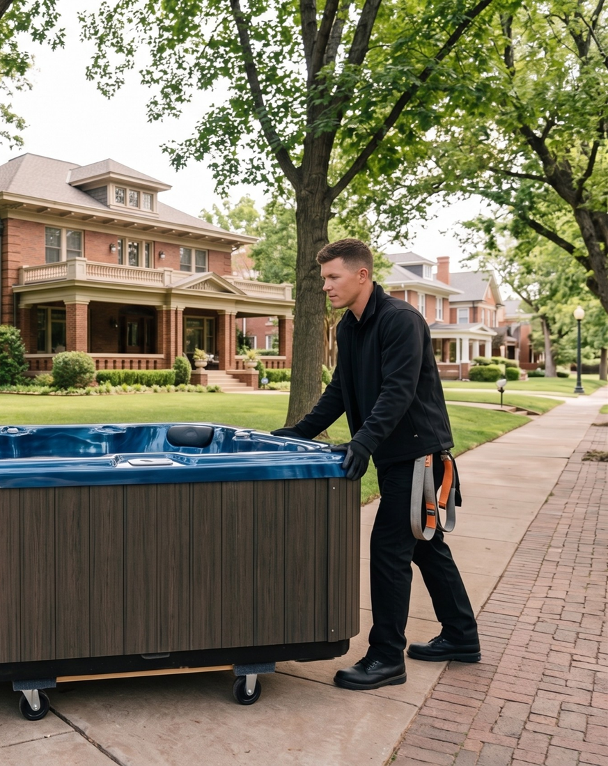 Careful hot tub transport around outdoor living spaces
