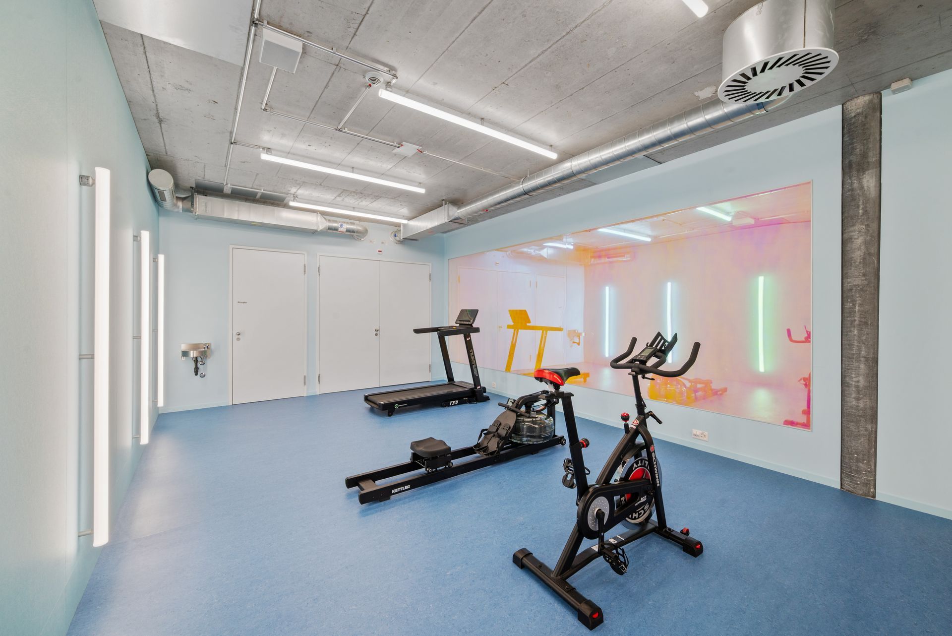 A gym with a treadmill , exercise bike , and rowing machine.