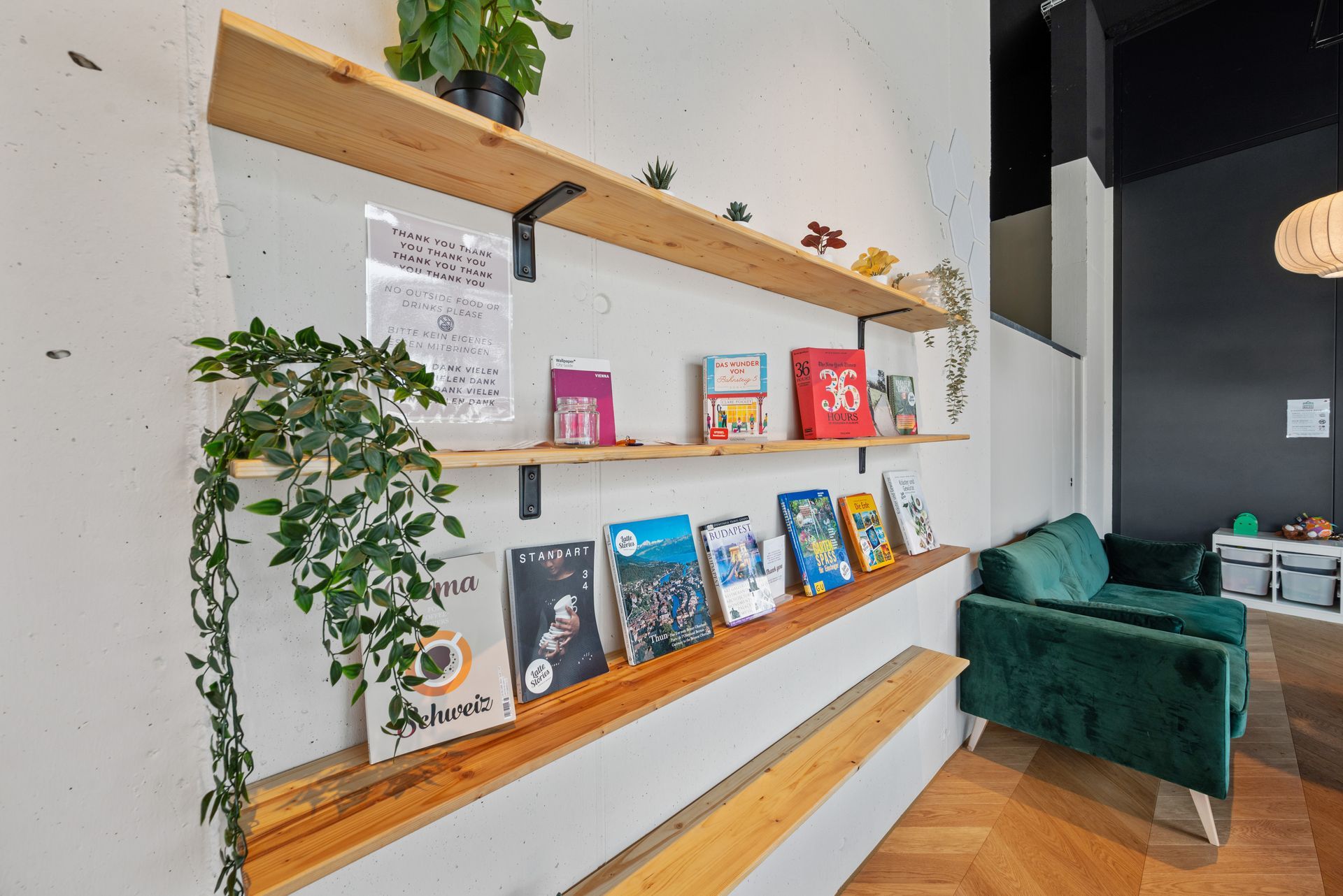 A living room with a couch and shelves filled with books.