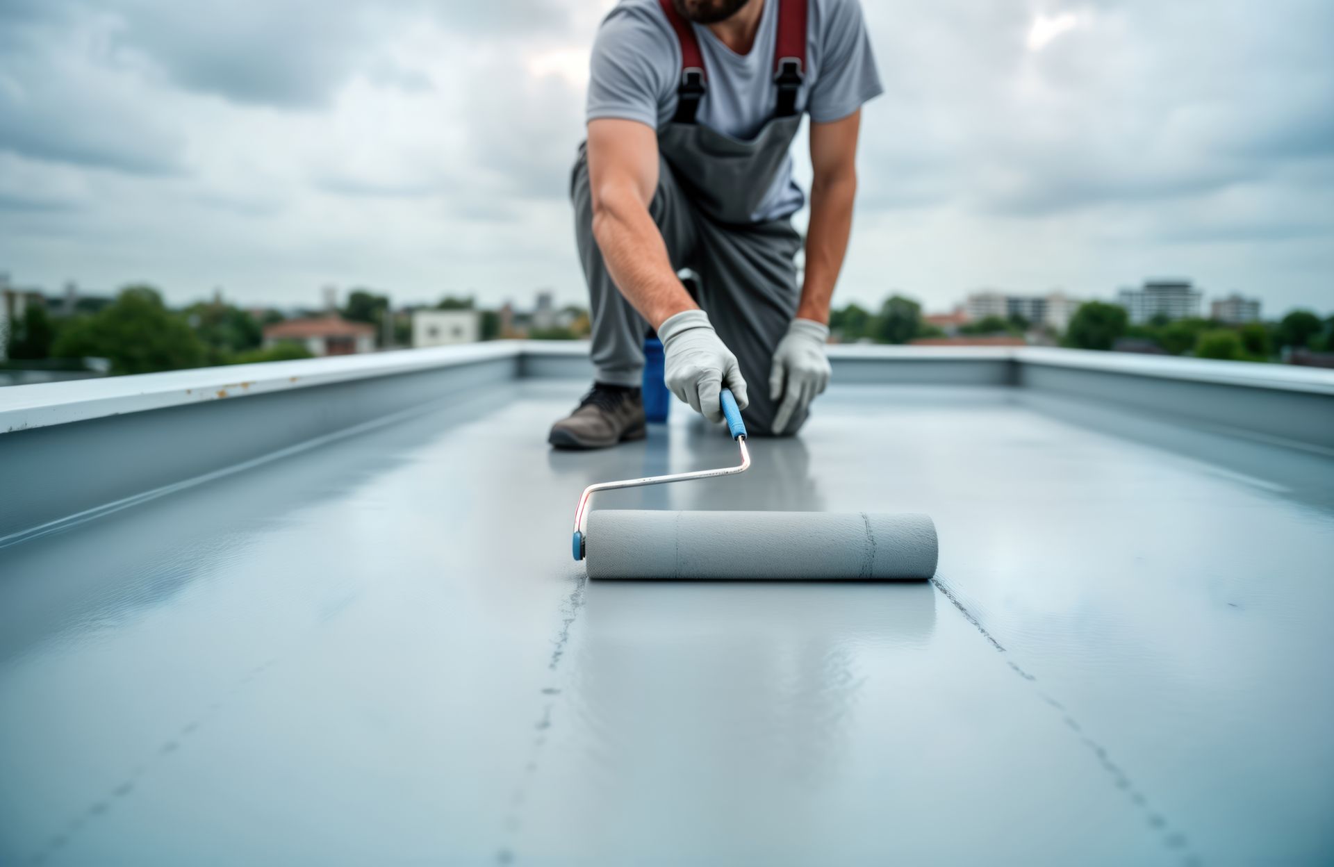 Applying roof waterproof coating for waterproofing. Applying roof waterproof coating for waterproofing.