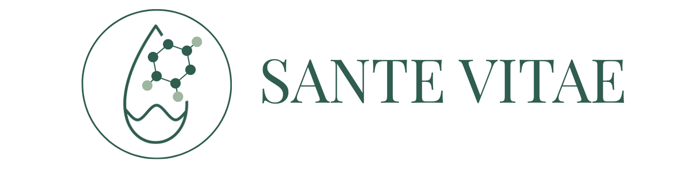 Logo voor Sante Vitae, met een cirkelvormig pictogram met een waterdruppel, een chemische structuur en golven naast de bedrijfsnaam.
