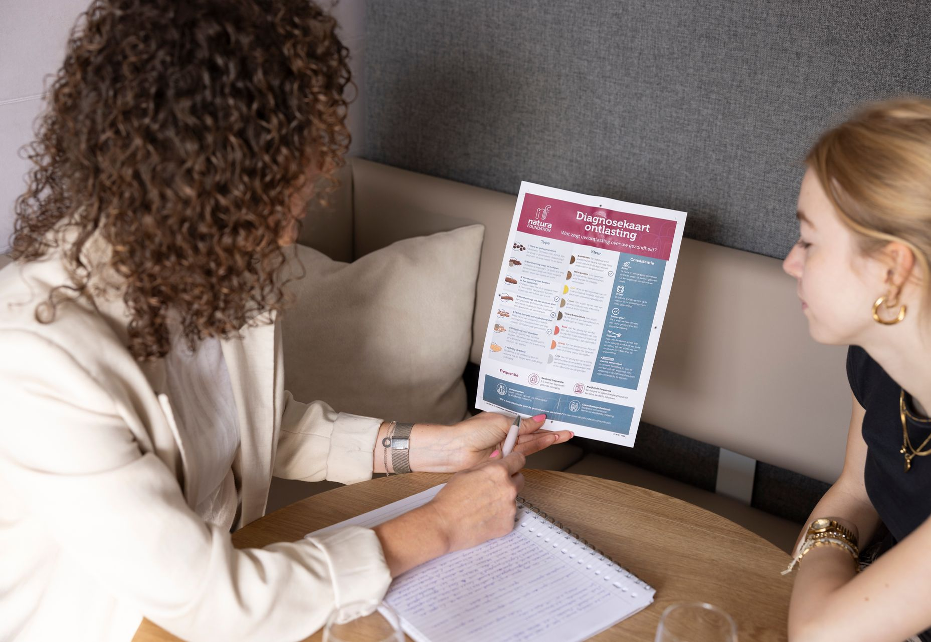Twee mensen zitten aan een tafel; de ene houdt een document met een tabel van pictogrammen vast, terwijl de andere in een notitieboekje schrijft.