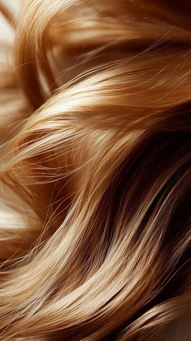 Close-up of wavy, light brown hair with blonde highlights.