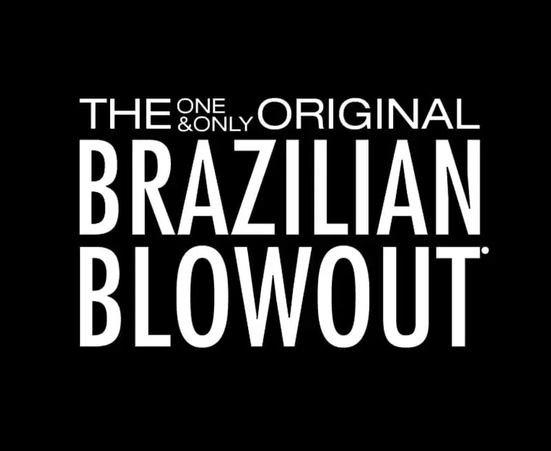 Brazilian Blowout logo on black background. White text states
