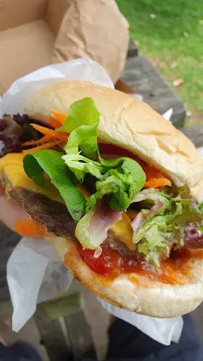 A person is holding a hamburger with cheese , lettuce , carrots and ketchup.