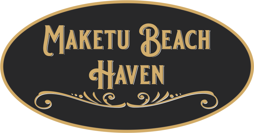 A black and gold sign that says maketu beach haven
