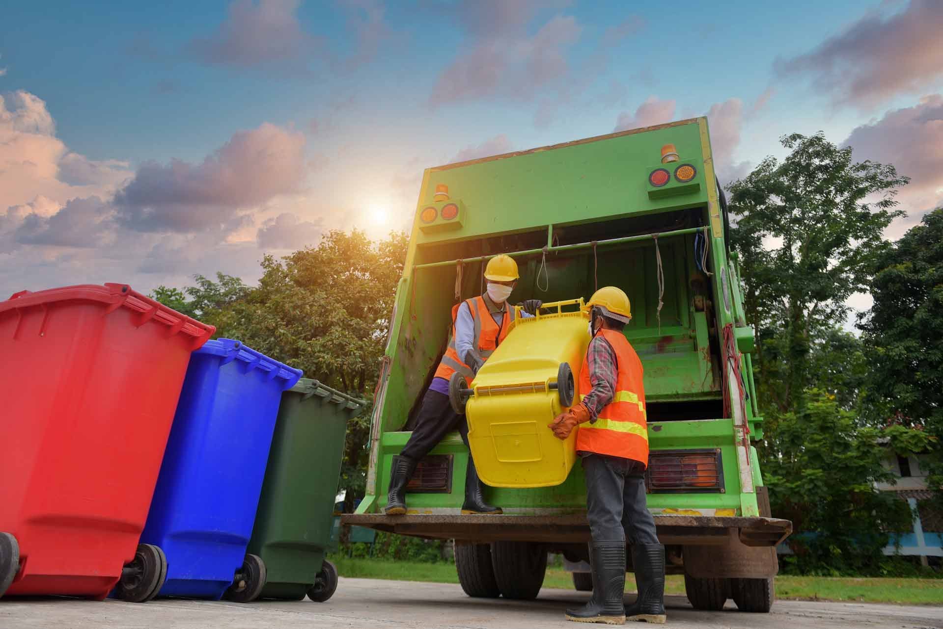 Two garbage collectors emptying dustbins for trash removal into a truck.