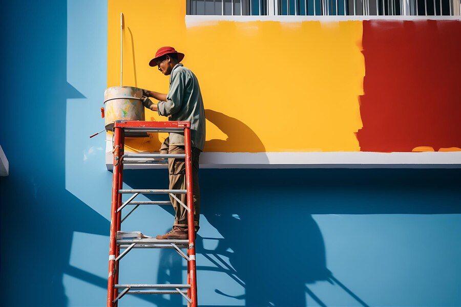 A man is standing on a ladder painting a building.