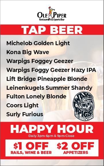 Ole Piper Tap Beer Happy Hour Menu