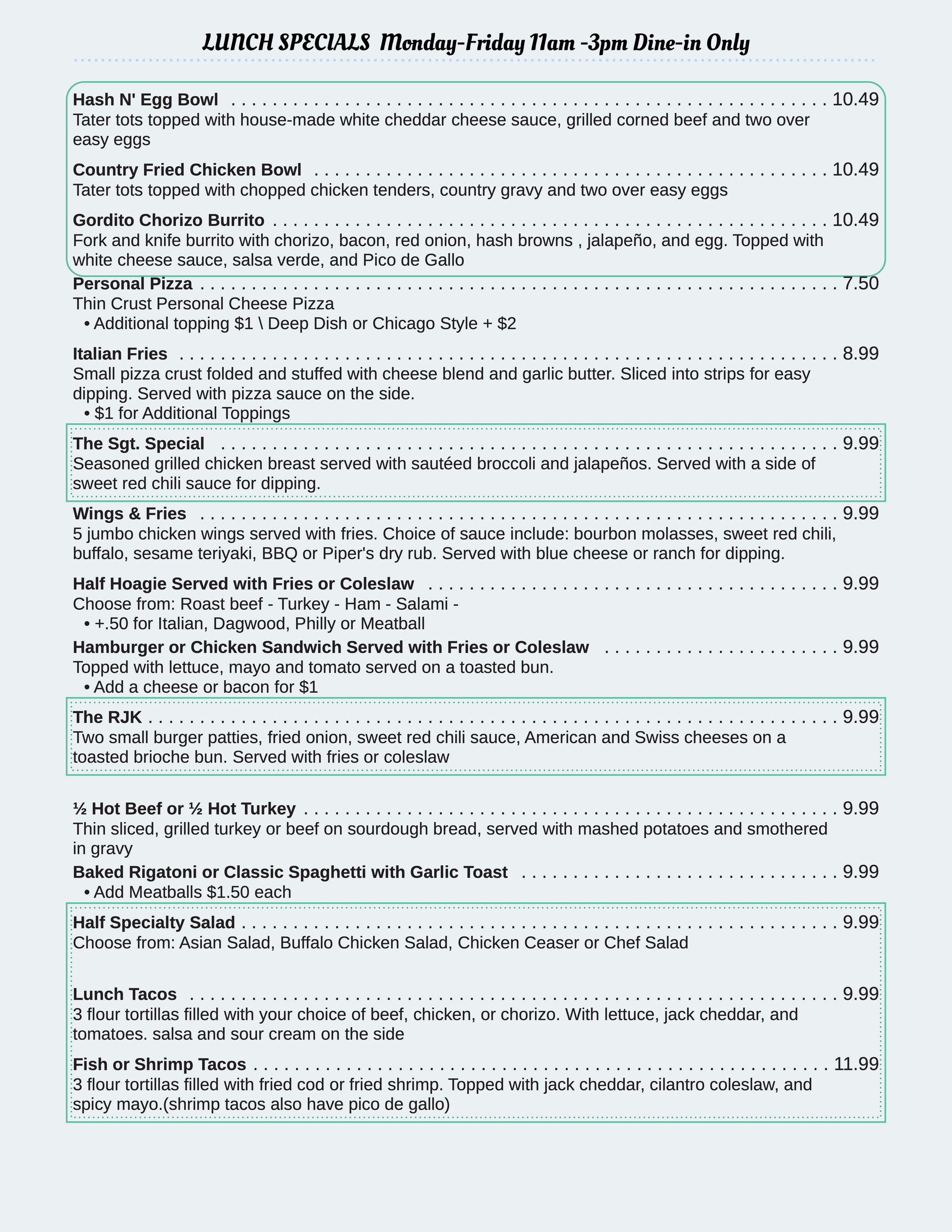 Ole Piper Catering Menu