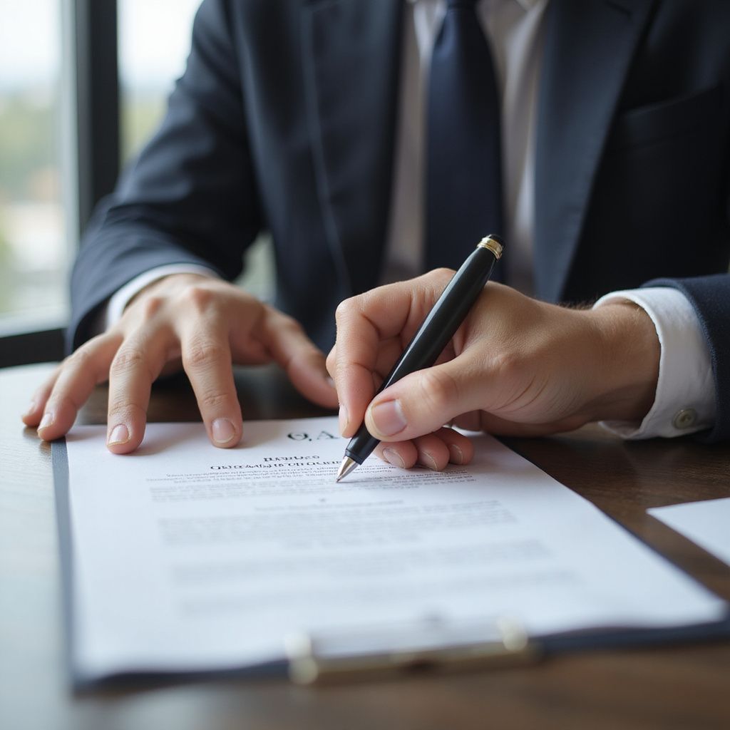 Persona con traje firmando un documento con un bolígrafo en un escritorio.