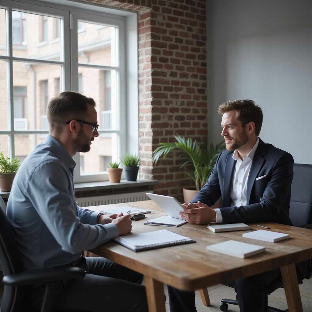 Dos hombres en una oficina iluminada por el sol, uno con traje sonriendo, el otro con gafas y camisa abotonada, en una mesa con papeles.