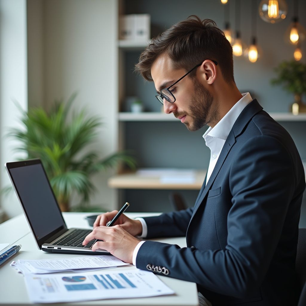 Hombre con traje trabajando en una computadora portátil en un escritorio con papeles en una oficina luminosa.