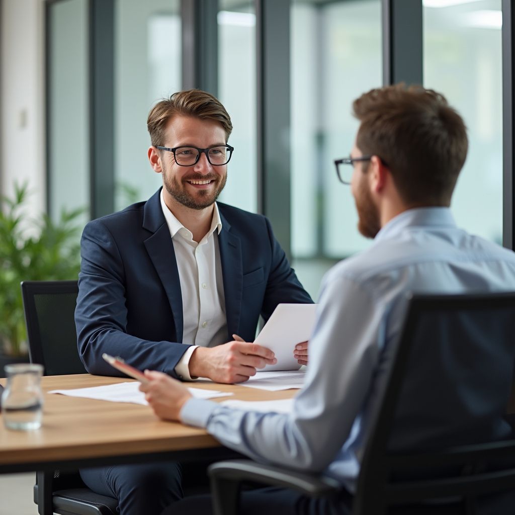 Dos hombres en una oficina: uno sonriendo, sosteniendo un papel; el otro frente a él, borroso.