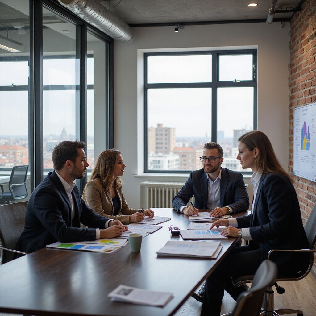 Cuatro personas vestidas de negocios en una mesa de conferencias, revisando documentos, en una oficina con vista a la ciudad.