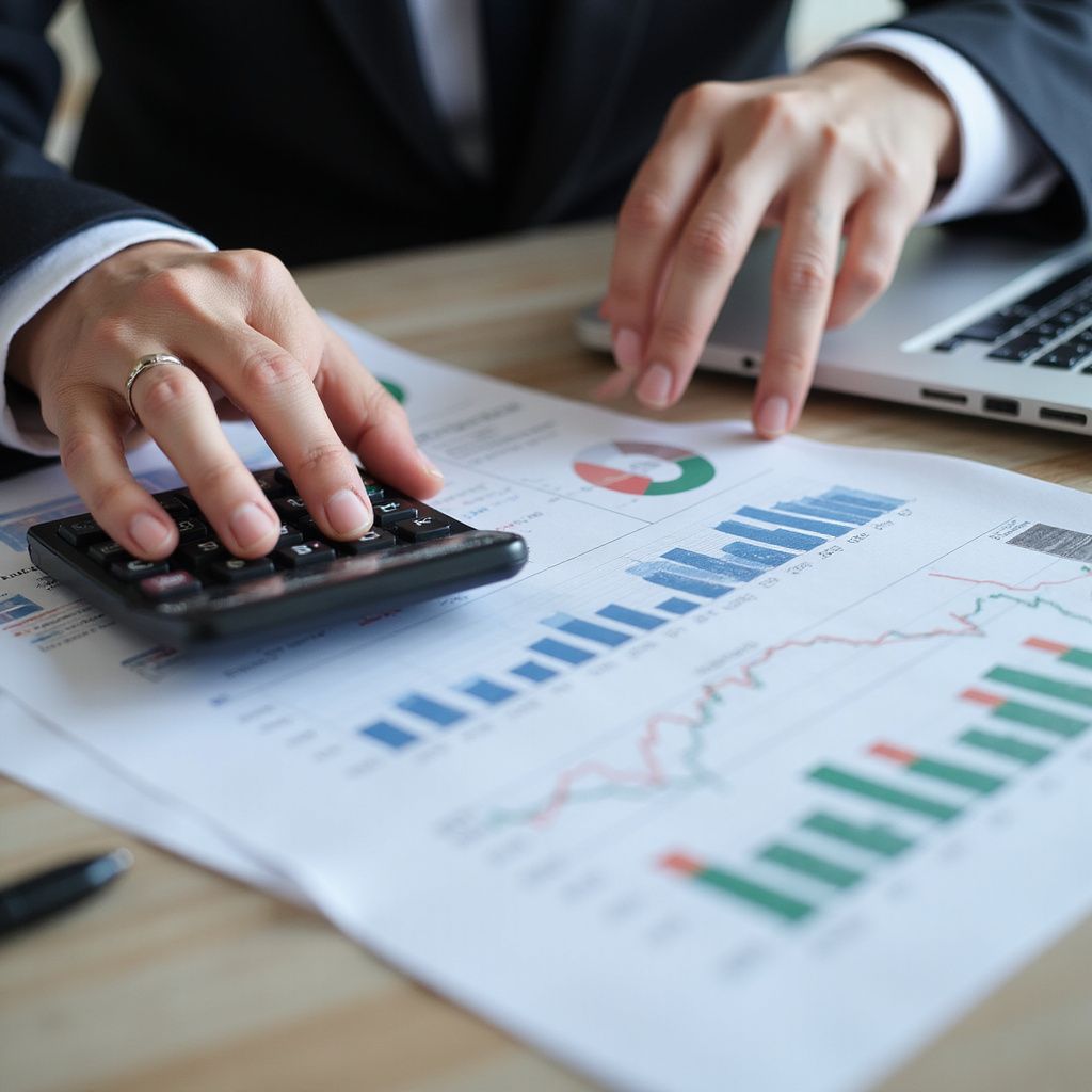 Persona usando una calculadora y señalando gráficos financieros en un escritorio. Portátil visible.