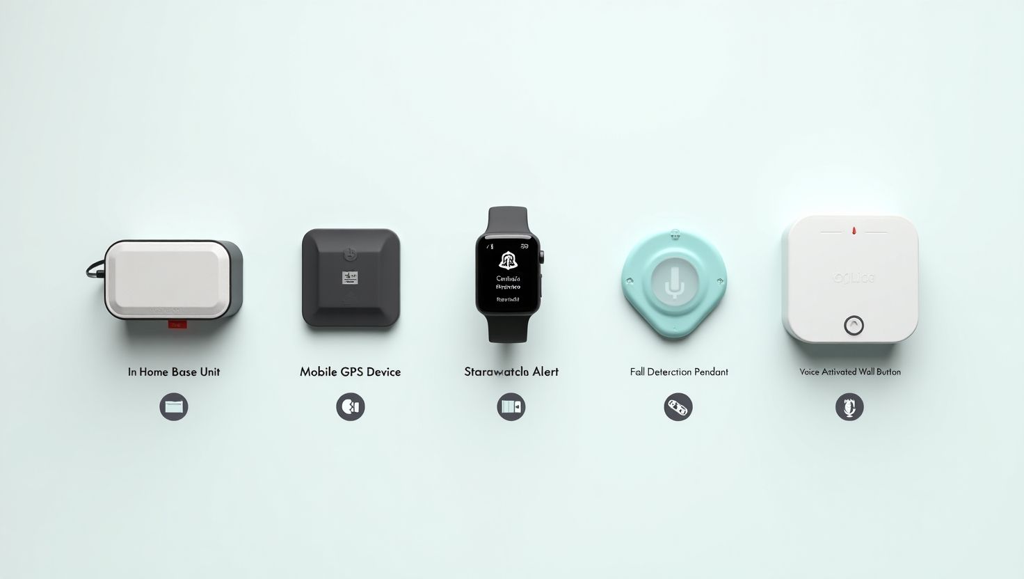 A flat display of five types of medical alert systems: Each device offers unique emergency features.