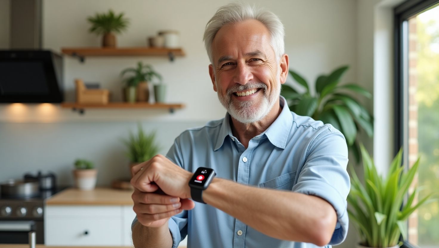 Senior man in a light blue shirt using a medical emergency device that seem like a smart watch,