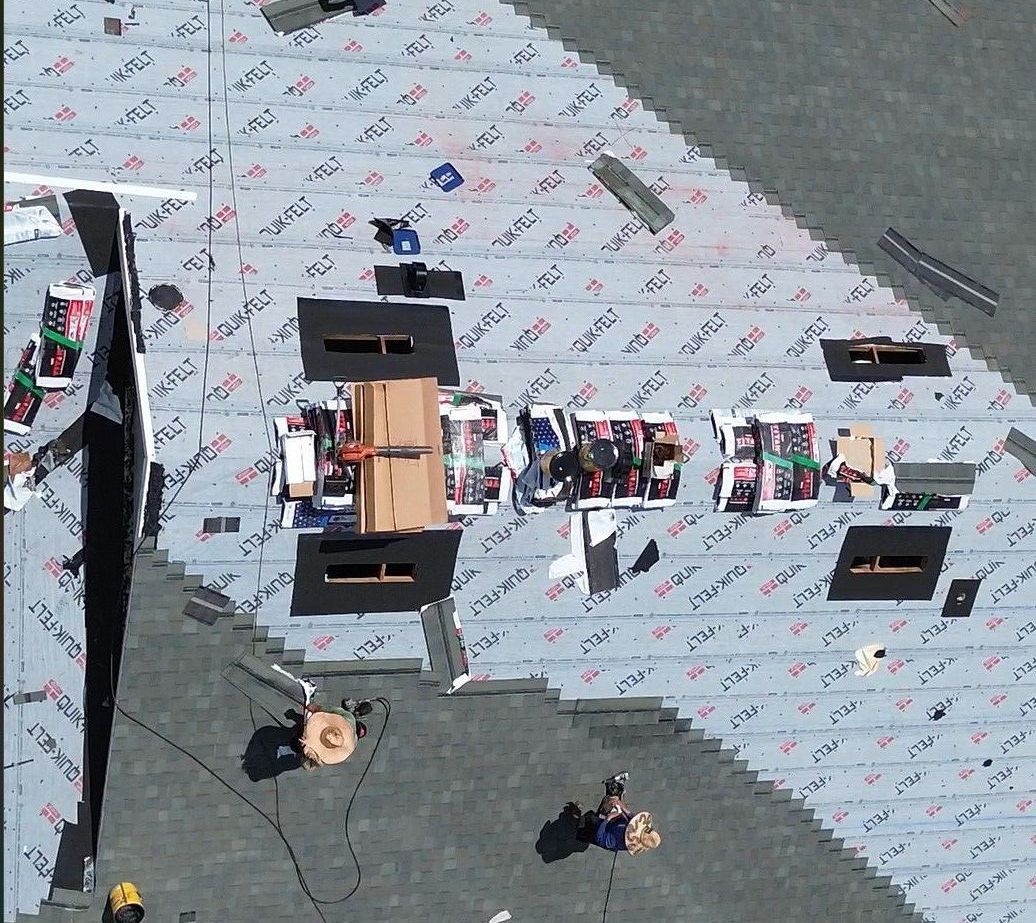 An aerial view of a roof under construction